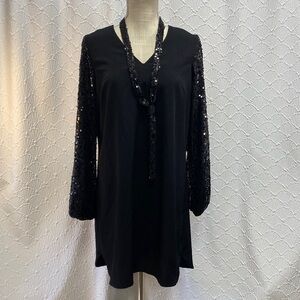 NWOT Kaari Blue size medium Black dress with long Sequin Sleeves elegant evening